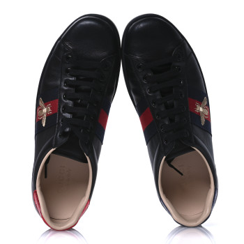 GUCCI Miro Soft Calfskin Laminated Ayers Web Bee Embroidered Mens Ace Sneakers 9.5 Black Red Flame Night