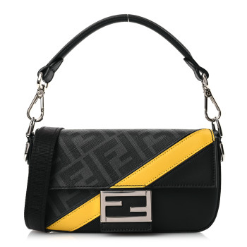 FENDI Glazed Fabric Vitello Liberty FF 1974 Diagonal Baguette Black Sunflower