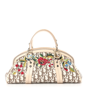 CHRISTIAN DIOR Monogram Vintage Flowers Frame Satchel Beige