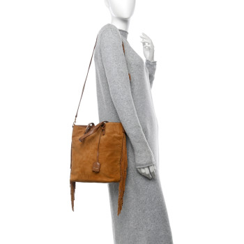 SAINT LAURENT Suede Calfskin Studded Fringe Toy Shopping Tote Brown