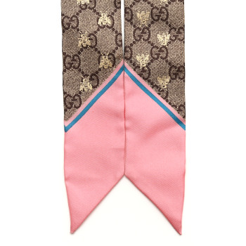 GUCCI Silk Twill GG Monogram GG Bee Neck Bow Scarf Roseate Sky Blue