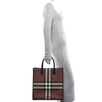 BURBERRY E-Canvas Denny Check Tote Brown