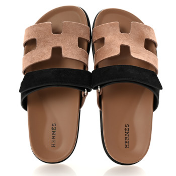HERMES Suede Goatskin Womens Chypre Sandals 37 Rose Perle Black