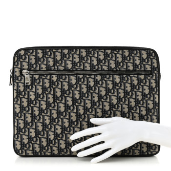 CHRISTIAN DIOR Oblique Grained Calfskin Laptop Case Blue Multicolor