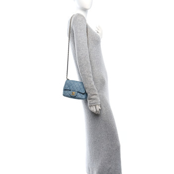 CHANEL Denim Quilted Mini Pearl Crush Flap Blue