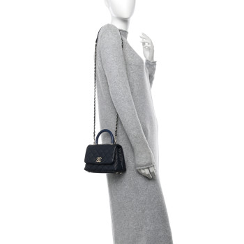 CHANEL Caviar Lizard Embossed Quilted Extra Mini Coco Handle Flap Navy