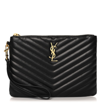 SAINT LAURENT Calfskin Matelasse Chevron Monogram A5 Wristlet Black