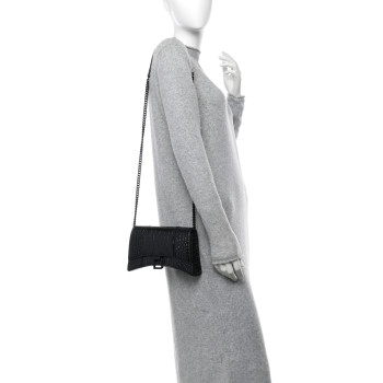 BALENCIAGA Shiny Calfskin Monochrome Crocodile Embossed Small Hourglass Evening Chain Bag Black