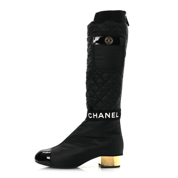 CHANEL Mixed Fibers Lambskin Patent Calfskin Convertible High Boots 38 Black