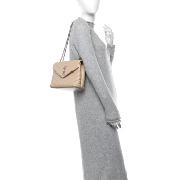 SAINT LAURENT Calfskin Y Quilted Monogram Small Loulou Chain Satchel Dark Beige