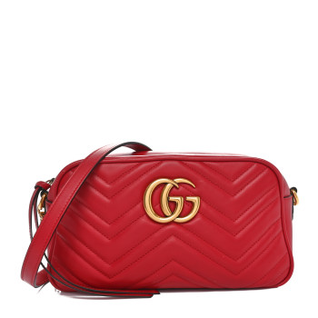 GUCCI Calfskin Matelasse Small GG Marmont Chain Shoulder Bag Hibiscus Red
