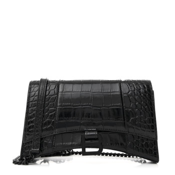BALENCIAGA Shiny Calfskin Monochrome Crocodile Embossed Small Hourglass Evening Chain Bag Black