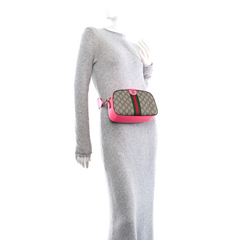 GUCCI GG Supreme Monogram Textured Dollar Calfskin Web Ophidia Small Crossbody Bag Beige Ebony Fuchsia