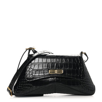 BALENCIAGA Shiny Super Supple Calfskin Crocodile Embossed Medium XX Flap Bag Black