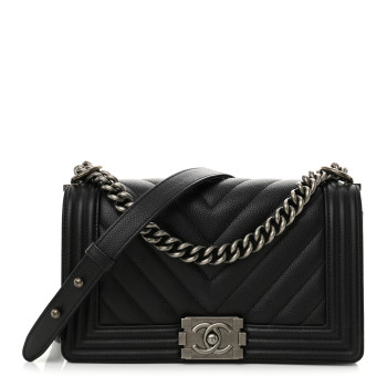 CHANEL Caviar Chevron Quilted Medium Boy Flap Black