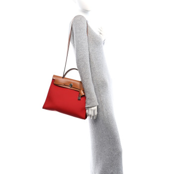 HERMES Vache Hunter Toile Herbag Zip 31 PM Rouge Tomate Natural