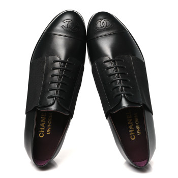 CHANEL Calfskin Elastic Lace Up Cap Toe CC Loafers 37 Black