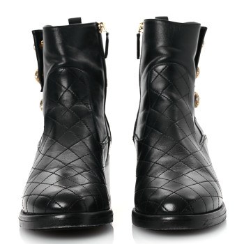 CHANEL Lambskin Pearl Short Boots 40.5 Black