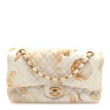 CHANEL Denim Floral Printed Medium Double Flap Beige