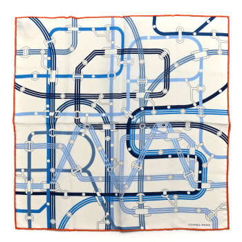 HERMES Silk Correspondance Hermes-Paris Pocket Square Scarf 45 White Ciel Orange