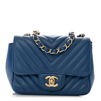 CHANEL Lambskin Chevron Quilted Mini Square Flap Blue