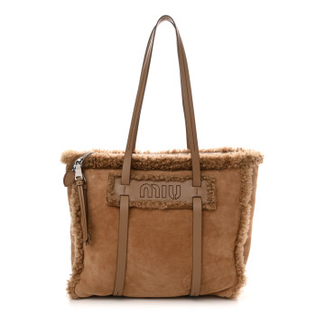 MIU MIU Shearling Suede Shopping Tote Caramel