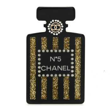 CHANEL Resin Strass Perfume Bottle CC Brooch Black Gold