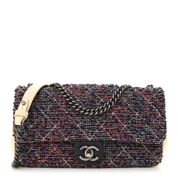 CHANEL Tweed Quilted Medium Single Flap Blue Multicolor
