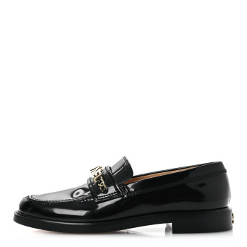 CHANEL Patent Calfskin Logo Loafers 38.5 Black