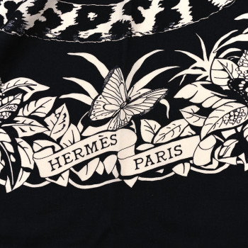 HERMES Cashmere Silk Jungle Love Tattoo Shawl 140 Bleu Black White