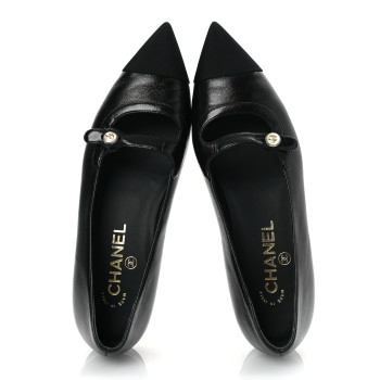 CHANEL Shiny Lambskin Grosgrain Pearl Mary Jane Flats 37.5 Black