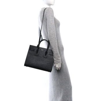 SAINT LAURENT Calfskin Crocodile Embossed Small Sac de Jour Black
