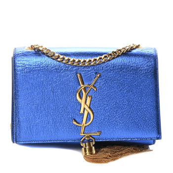SAINT LAURENT Metallic Calfskin Small Classic Monogram Kate Tassel Satchel Blue Royal