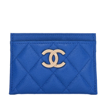 CHANEL Caviar Quilted Studded CC Card Holder Blue