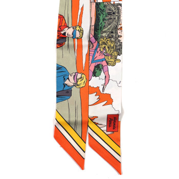 HERMES Silk Wow Twilly Orange Vert Rose