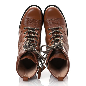GUCCI Cordovan Lux Nappa GG Matelasse Lace Up 60mm Combat Boots 36 Dark Hazel Brown