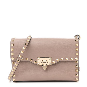 VALENTINO GARAVANI Pebbled Calfskin Medium Rockstud Flip Lock Crossbody Bag Clay