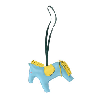 HERMES Milo Lambskin Grigri Rodeo Horse Bag Charm GM Bleu Celeste Lime Malachite