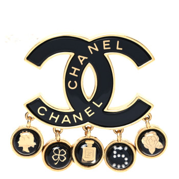 CHANEL Metal Resin Enamel CC Charms Brooch Black Gold
