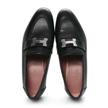 HERMES Goatskin Womens Paris Loafers 36.5 Black