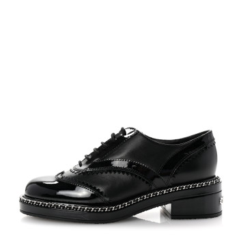 CHANEL Lambskin Patent Calfskin CC Brogue Lace Up Oxfords 38 Black