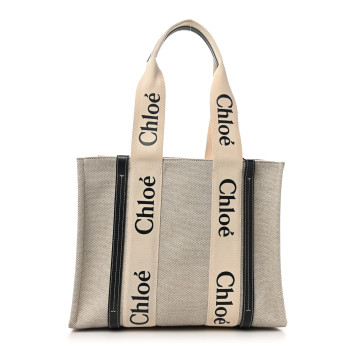 CHLOE Cotton Calfskin Medium Woody Ribbon Tote White Blue