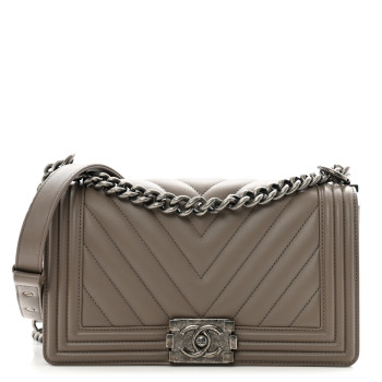 CHANEL Calfskin Chevron Quilted Medium Boy Flap Grey
