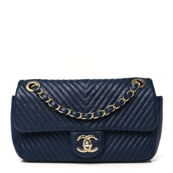 CHANEL Calfskin Surpique Chevron Small Flap Navy