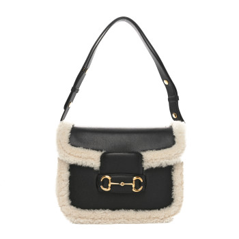 GUCCI Sakai Be Green Calfskin Shearling Horsebit 1955 Shoulder Bag Black