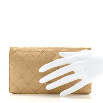 CHANEL Metallic Calfskin Quilted Yen Wallet Gold Pink