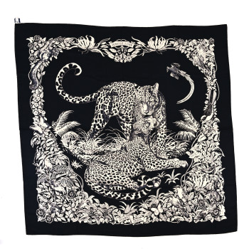 HERMES Cashmere Silk Jungle Love Tattoo Shawl 140 Bleu Black White