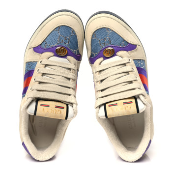 GUCCI Calfskin Lame GG Monogram Web Womens Screener Sneakers 35.5 Blue Silver Dusty Milk Shine Purple
