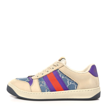 GUCCI Calfskin Lame GG Monogram Web Womens Screener Sneakers 35.5 Blue Silver Dusty Milk Shine Purple