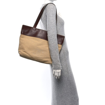 CHANEL Raffia Calfskin CC Tote Bag Brown